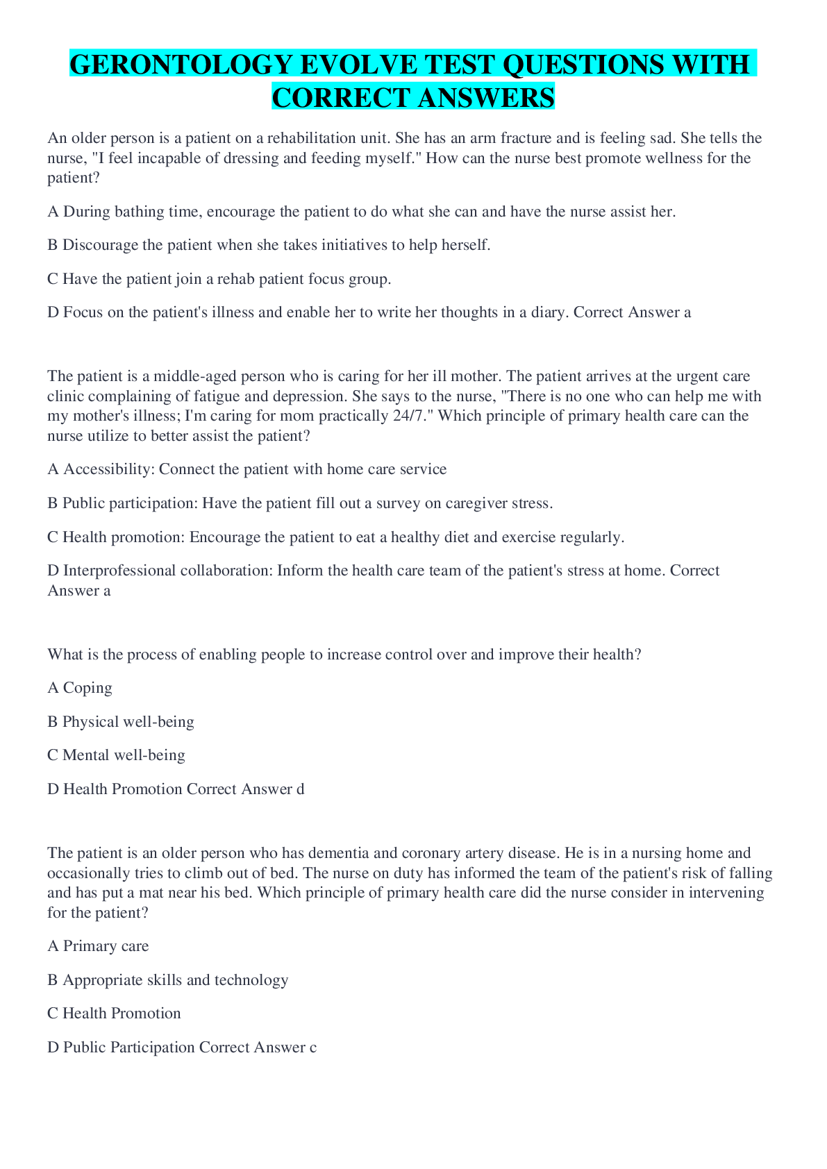 Preview image for GERONTOLOGY EVOLVE TEST QUESTIONS WITH CORRECT ANSWERS